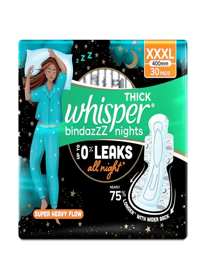 Whisper Bindazzz Nights 30 XXXL Sanitary Pads, Upto 0% Leaks All Night Long, For Super Heavy Flow, Nearly 75% Longer with Wider Back, Double hug wings keep pad in place, Disposable Wrapper - Image 1